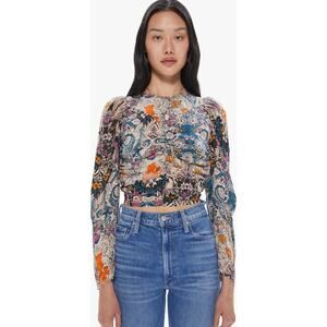 Maria Cher. Blue Purple Floral Abstract Blouse Rouched Cropped Silk size Large